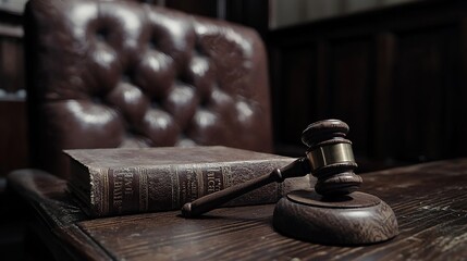 Gavel, bible, and chair in courtroom.