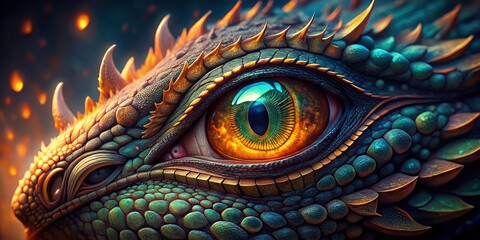 Ancient dragon's mesmerizing eye: a digital fantasy art close-up, showcasing its reptilian gaze and mythical power.