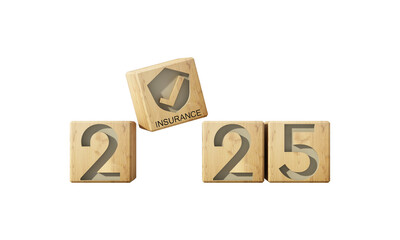 Bright backdrop with 2025 numbers, house-shaped roof, and an insurance icon, symbolizing future home security and financial protection. 3d rendering.	