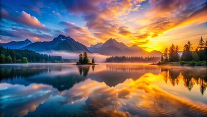 Long Exposure Landscape Reflection - Serene Lake at Dawn