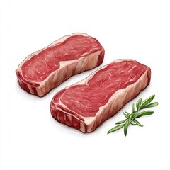 Fresh Raw Beef Steak Cuts with Green Herbs on White Background for Culinary and Recipe Use