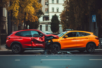 Close up Crash on the road. Two Vehicles with front end damage on a city road. 