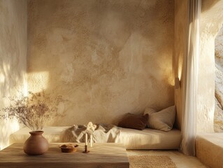 Fototapeta premium A small room with a tan wall and a white curtain