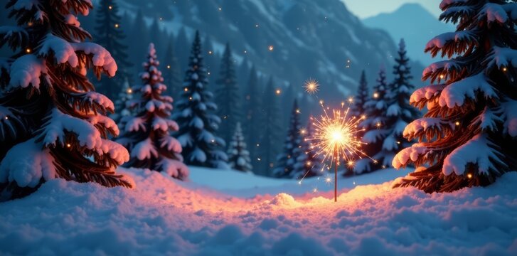 Sparkling sparklers lit around a cozy winter landscape with snow-covered trees and twinkling stars, night sky, winter, snow