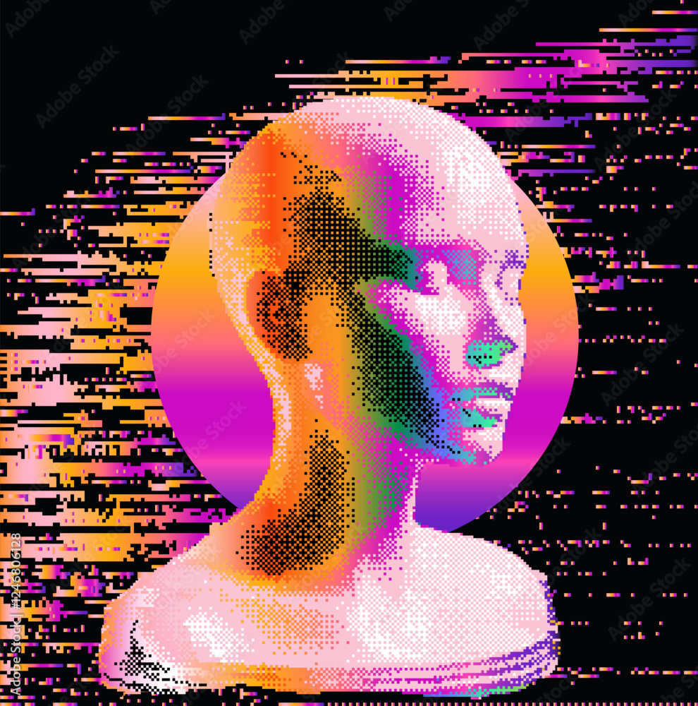 Poster Distorted and pixelated silhouette of a human face with a neon halo on a dark background. Conceptual vector illustration on the themes of artificial intelligence and internet identity.