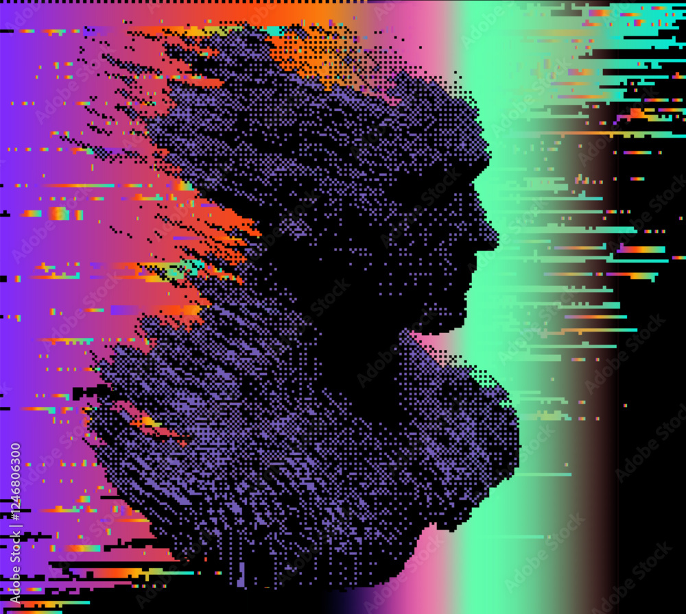 Poster distorted and glitched silhouette of a human face on a dark background with neon colored pixels. con