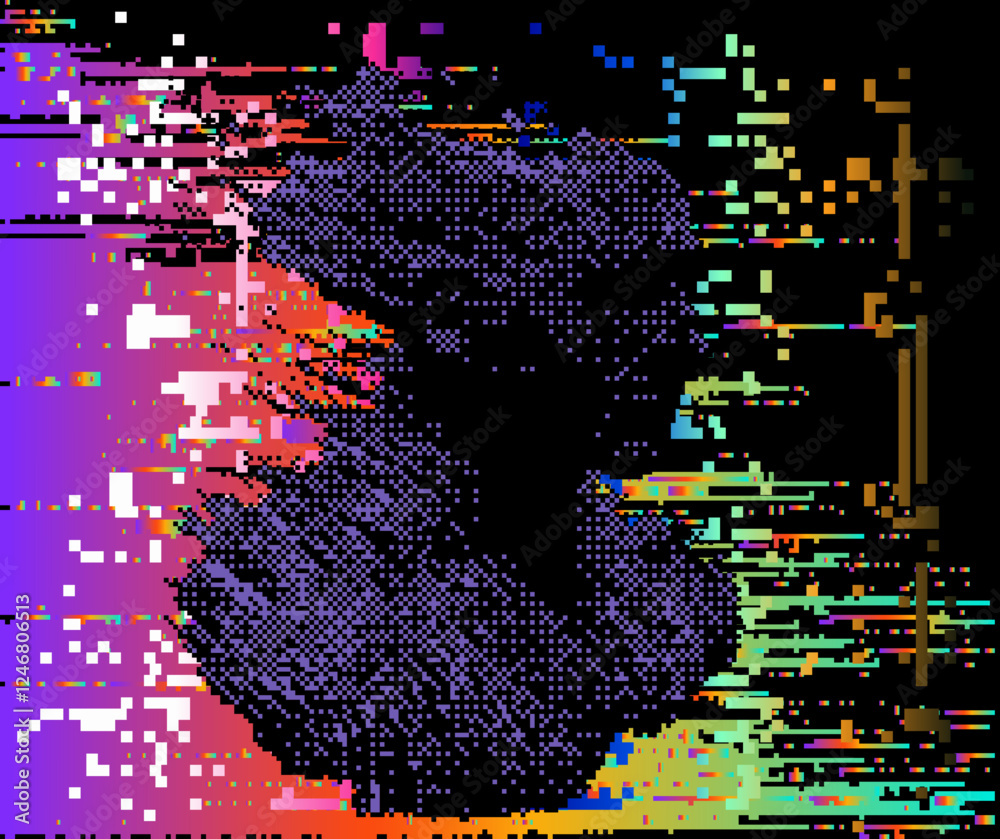 Poster Distorted and glitched silhouette of a human face on a dark background with neon colored pixels. Conceptual vector illustration on the themes of artificial intelligence and internet identity.