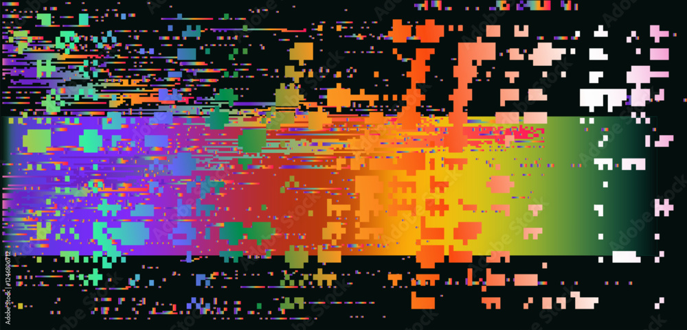 Aufkleber Abstract glitchy background resembling a corrupted VHS tape with holographic light leaks and pixel noise. Vector design on technological theme.