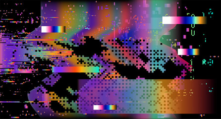 Abstract glitchy background resembling a corrupted VHS tape with holographic light leaks and pixel noise. Vector design on technological theme.
