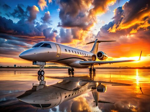 Architectural photography captures the Embraer ERJ-145's beauty against a vibrant airport sunset.