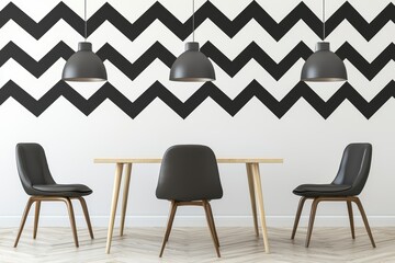Fototapeta premium Stylish meeting room featuring contemporary pendant lights, soft leather chairs, and a bold chevron wall pattern, flooded with natural light