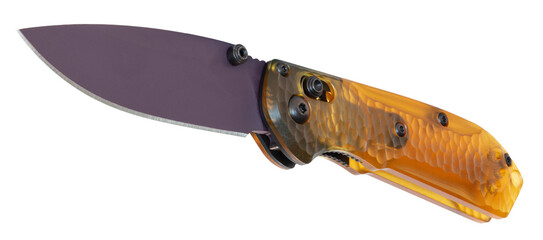 Folding knife with blade out angled toward the camera