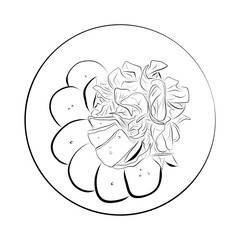 Line drawing. Line art of food - plate with salad with greens, cheese, pear.