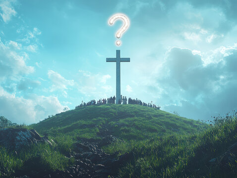 Crisis of Faith in Religion Concept. A large Christian cross stands atop a grassy hill. A small crowd , a glowing question mark hovers in the sky above.