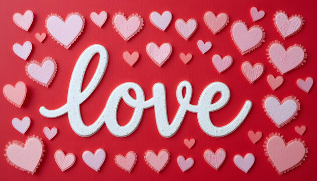 White love with pink hearts on red
