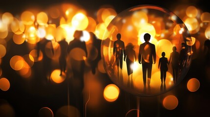 Business icons on glowing globe , black setting (close up, focus on, copy space) dazzling and lively tones Double exposure silhouette with glowing ball.