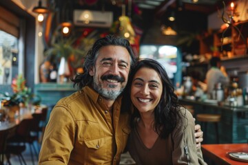 Obraz premium Portrait of a joyful couple in their 30s wearing a versatile buff in front of bustling restaurant background