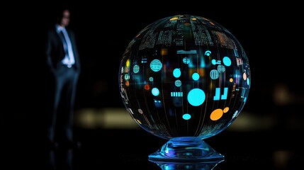 Business icons on glowing globe , black setting (close up, focus on, copy space) dazzling and lively tones Double exposure silhouette with glowing ball.