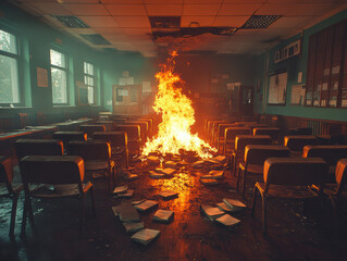 Censorship Awareness Concept. Burning pile of books in a public classroom.