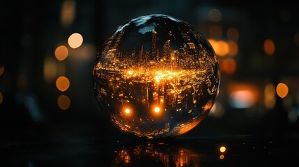 Business icons on glowing globe , black setting (close up, focus on, copy space) dazzling and lively tones Double exposure silhouette with glowing ball.