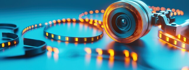 Obraz premium A creative design of classic cinema tools glowing in abstract light.