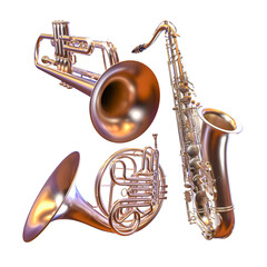 Musical instruments floating against a clear backdrop
