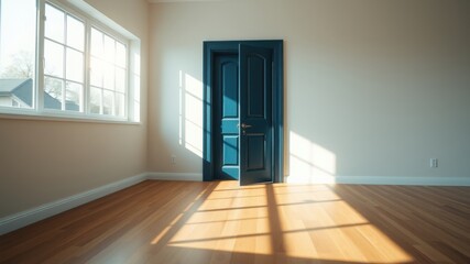 Fototapeta premium Sunlight streams into an empty room with a dark teal door ajar, illuminating the hardwood floor