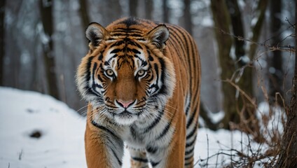Fototapeta premium Usuri tiger standing on a forest path in winter close-up