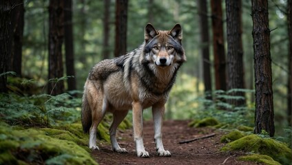 wolf standing on a forest path in close-up