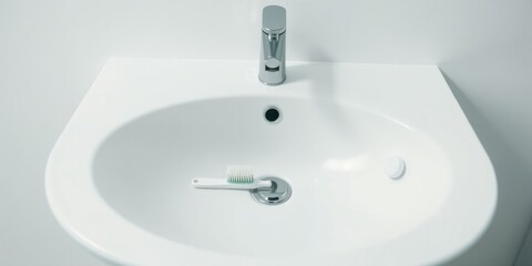 Fototapeta premium A minimalist bathroom sink with a toothbrush and faucet
