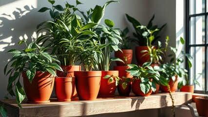 Obraz premium Sunlit Indoor Garden Display Featuring Lush Green Foliage in Terracotta Pots