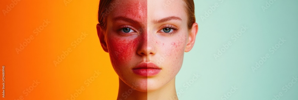 Aufkleber Skin transformation comparison showing acne and redness contrasted with smooth and glowing skin for skincare insights. Generative AI
