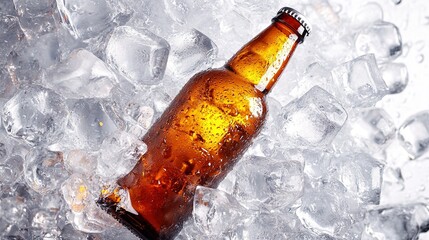 Beer soaked in square ice cubes and white background