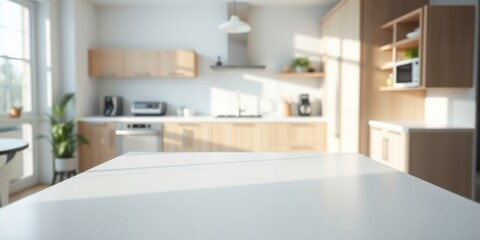 Bright kitchen countertop display with blurred background of modern cabinets and appliances