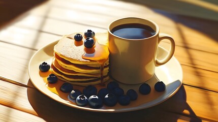 Pancakes with Blueberries and Coffee in Warm Morning Sunlight Still Life