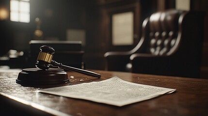 Judge's gavel on wooden desk with legal document.