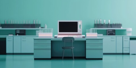 A modern laboratory workspace featuring a computer, desk, and organized equipment against a soothing teal backdrop.