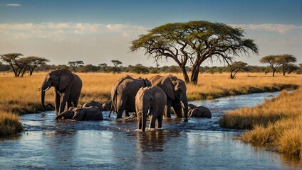 Obraz premium a herd of African elephants bathing in a savannah river