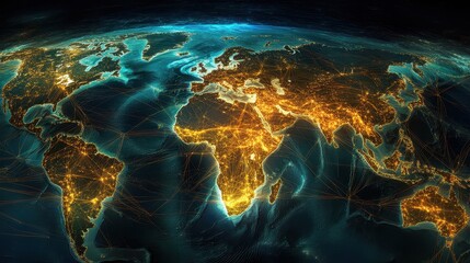 Digital globe with connected trade routes, global network, world trade. 