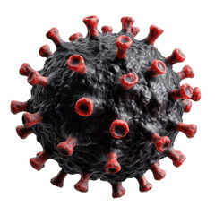 3D virus with black textured spherical body with red hollow surface spikes, illustrating a detailed depiction of a microscopic organism or pathogen. Isolated on transparent background, png

