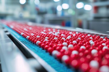 A vibrant assembly line features rows of red and white spheres, showcasing a precise manufacturing process in an industrial setting.