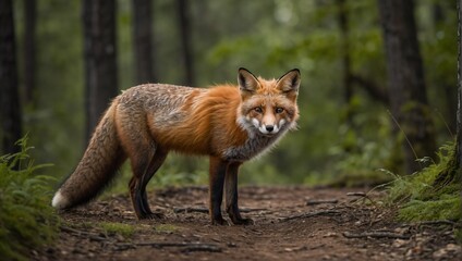 Fototapeta premium Close-up of a red fox standing on a forest path