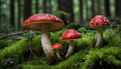 Fototapeta premium fly agaric on moss-covered forest floor