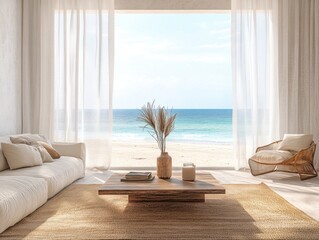 A living room with a large window overlooking the ocean