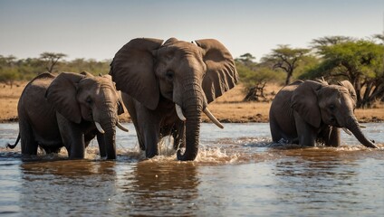 Fototapeta premium a herd of African elephants bathing in a savannah river