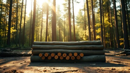 Serene woodland scene featuring a neatly stacked pile of logs in a sun-dappled forest clearing.