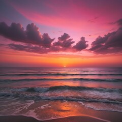 Fototapeta premium A serene sunset over a calm ocean with vibrant hues of pink and orange