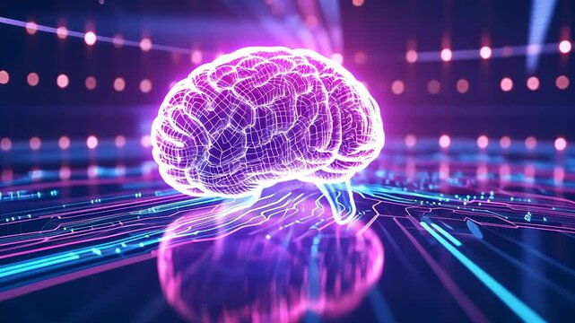 Luminous purple blue brain pulsing with data streams, symbolizing advanced ai, neural networks, and cutting edge technological innovation neurons glowing in neon color, video 4K