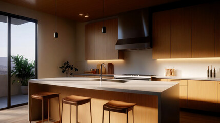 A modern kitchen featuring sleek wooden cabinets, a spacious island with seating, and soft lighting, creating a warm and inviting atmosphere.