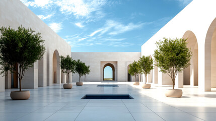 Obraz premium A serene courtyard with white architecture, greenery, and archways under a bright blue sky, creating a tranquil and inviting atmosphere.